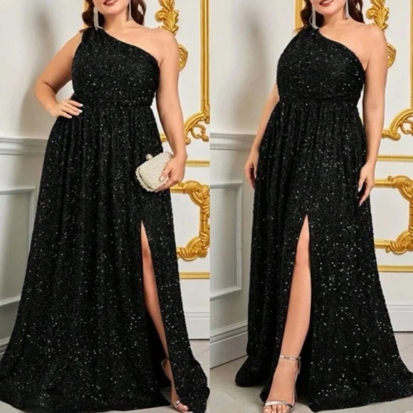 Plus Sequin One Shoulder A-line party Formal Party Wedding Dress - Picture 7 of 14